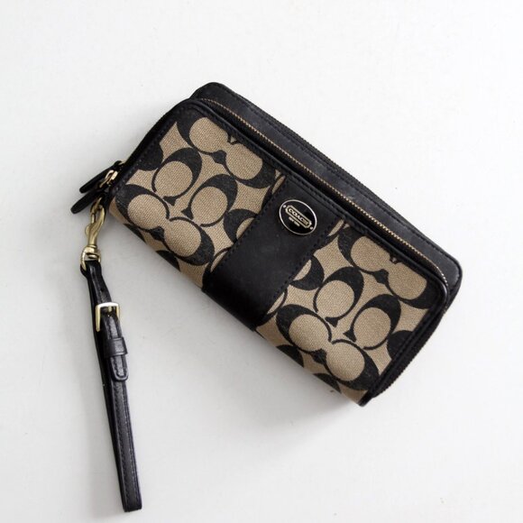 Coach Legacy Signature Double Accordion Zip Wristlet Wallet Khaki Black - Picture 2 of 8